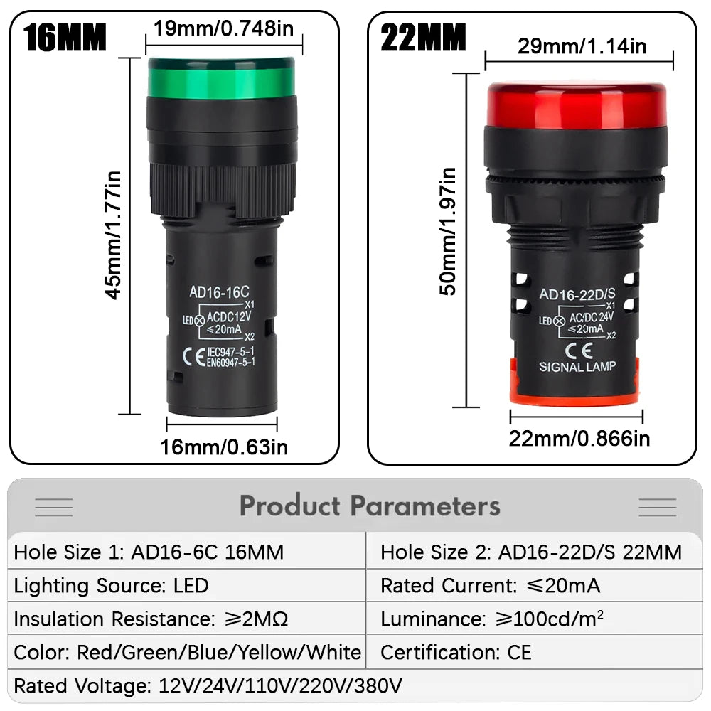 16MM 22MM LED Power Electronic Indicator Pilot Signal Light Lamp AC DC 12V 24V 110V 220V 380V Red Green Yellow Blue White Panel