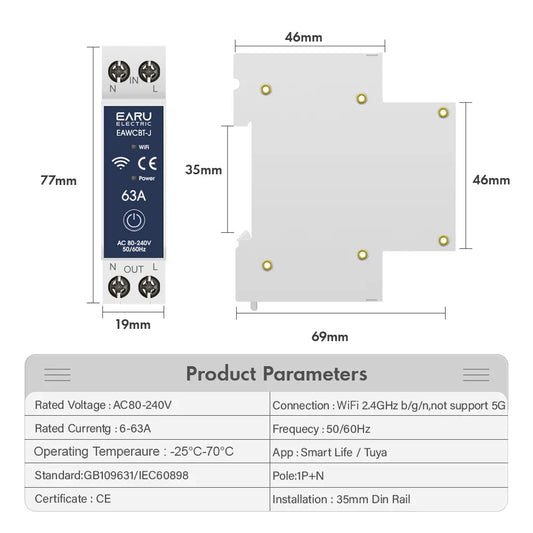 Tuya WiFi Smart Circuit Breaker MCB Timer 1P+N 63A Power Energy kWh Voltage Current Meter Protector Voice Remote Control Switch