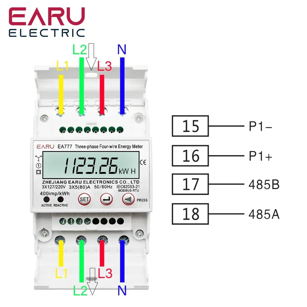 Three Phase Four Wires Eelectronic Active Energy Meter kWh Power Consumption Monitor DIN Rail 50/60Hz 3*5(100)A 50/60Hz  LCD LED