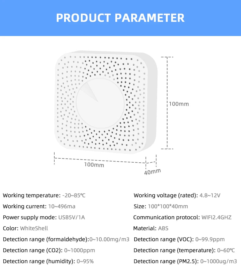 Tuya WiFi Smart Air Housekeeper PM2.5 Formaldehyde VOC CO2 Temperature Humidity 6 In 1 Smart Air Box Sensor Automation Alarm