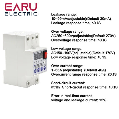 63A Automatic Reconnect Circuit Breaker Over And Under Voltage Over Current Leakage Protection Surge Protect Protector Relay