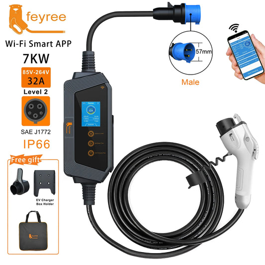 feyree Type1 7KW 32A 1Phase Portable EV Charger J1772 Socket with 5m Cable Smart APP WIFI Control Version for Electric Vehicle by 54 Energy - Renewable Energy Store