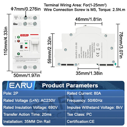 2P 80A AC 230V 50/60Hz ATS Mini Automatic Transfer Switch Dual Power Electrical Selector Switches Uninterrupted Power Din Rail