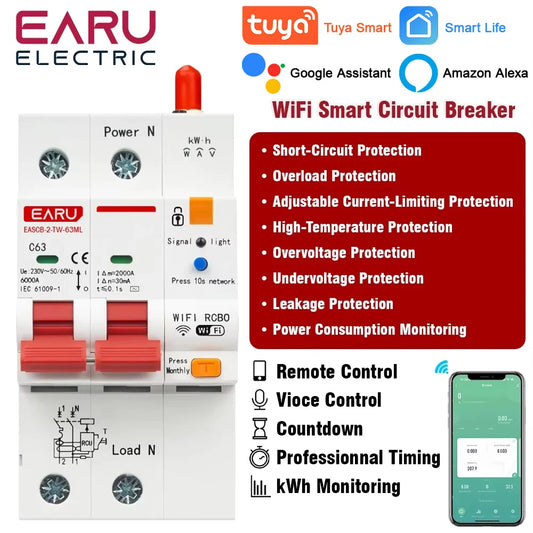 Tuya WiFi Smart RS485 Metering Leakage Circuit Breaker MCB RCBO AC230V Remote Control Circuit Breaker With Leakage Protection