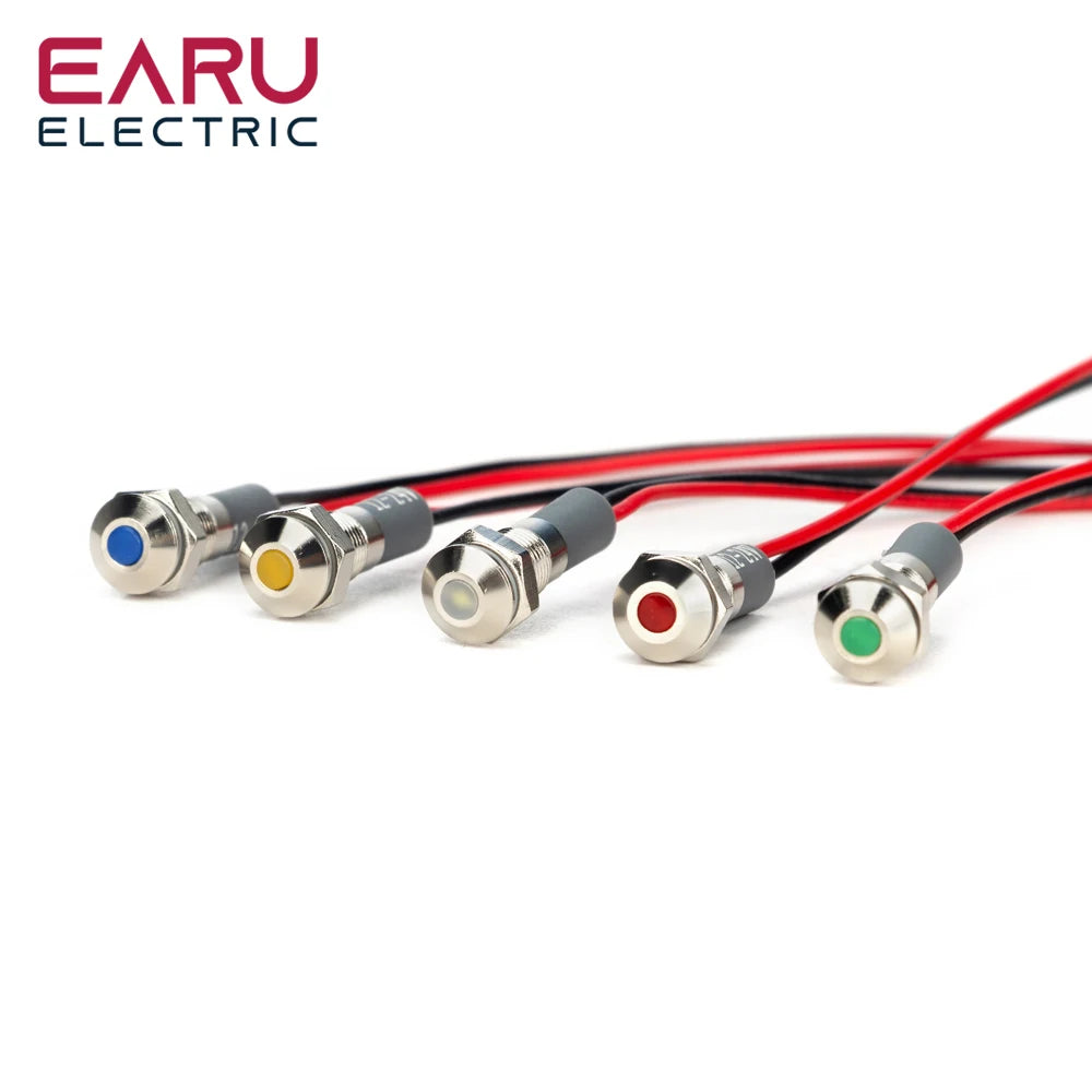 6mm 8mm 10mm 12mm 14mm Warning LED Metal Indicator Light Pilot Wires Switch Waterproof IP65 Signal Lamp 5/12/24/220V Red Green