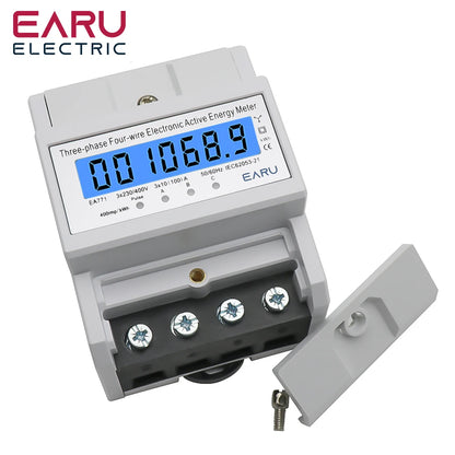 Din Rail AC 230 380V 3 Phase 4 Wire Energy Meter Power Consumption Monitor kWh Meter Wattmeter Bivolt 100A 50/60Hz LCD Backlight