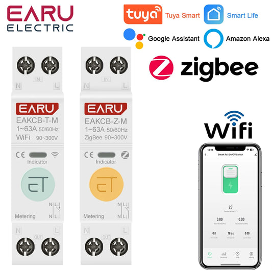 Tuya ZigBee WiFi Smart Circuit Breaker 1P+N 63A MCB Timer Relay Switch Energy Meter kWh Voltage Current Protector Remote Control