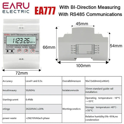 Three Phase Four Wires Eelectronic Active Energy Meter kWh Power Consumption Monitor DIN Rail 50/60Hz 3*5(100)A 50/60Hz  LCD LED