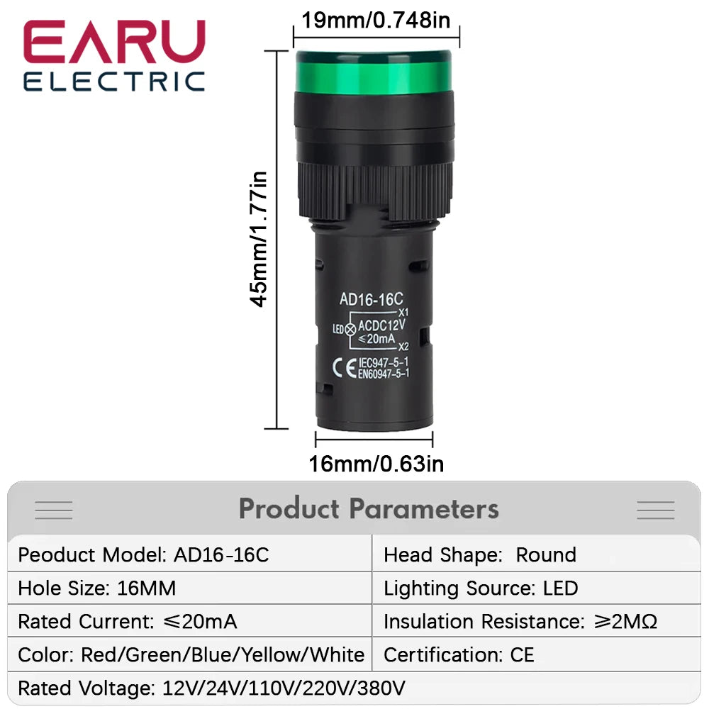 16MM Panel LED Power Electronic Indicator Pilot Signal Light Lamp AC DC 12V 24V 110V 220V 380V Red Green Yellow Blue White LED