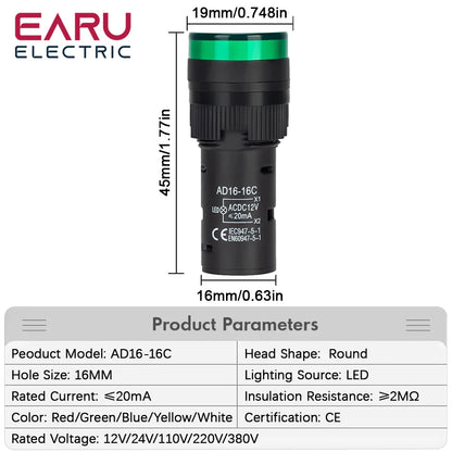 16MM Panel LED Power Electronic Indicator Pilot Signal Light Lamp AC DC 12V 24V 110V 220V 380V Red Green Yellow Blue White LED