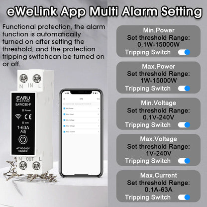 Tuya eWeLink MCB WiFi Smart Circuit Breaker 1P+N 63A Time Relay Switch Energy Meter kWh Voltage Current Protector Remote Control