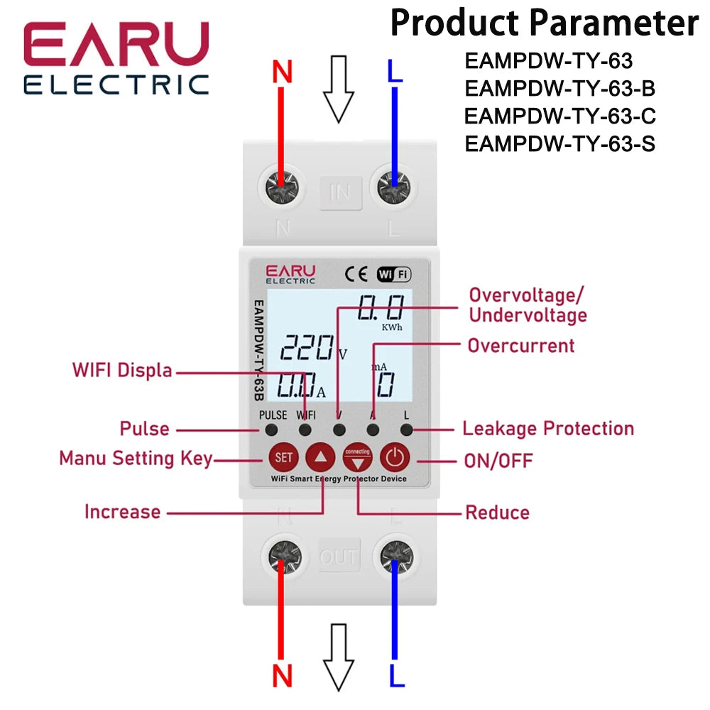 2P 63A 230V Tuya WiFi Smart Energy Meter Power kWh Meter Earth Leakage Over Under Voltage Protector Relay Device Switch Breaker