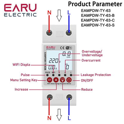 2P 63A 230V Tuya WiFi Smart Energy Meter Power kWh Meter Earth Leakage Over Under Voltage Protector Relay Device Switch Breaker