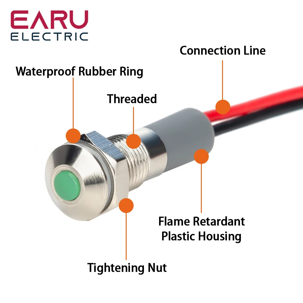 6mm 8mm 10mm 12mm 14mm Warning LED Metal Indicator Light Pilot Wires Switch Waterproof IP65 Signal Lamp 5/12/24/220V Red Green