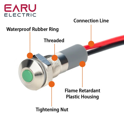 6mm 8mm 10mm 12mm 14mm Warning LED Metal Indicator Light Pilot Wires Switch Waterproof IP65 Signal Lamp 5/12/24/220V Red Green