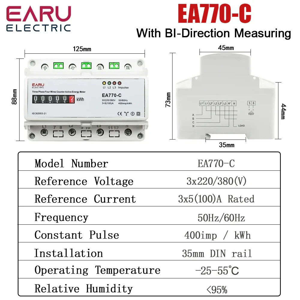 Three Phase Four Wires Eelectronic Active Energy Meter kWh Power Consumption Monitor DIN Rail 50/60Hz 3*5(100)A 50/60Hz  LCD LED