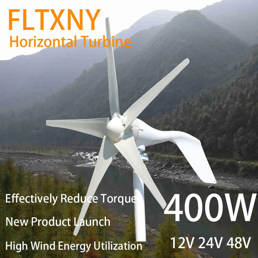 400W 12V 24V 48V 3 Blades 5 Blades Horizontal Wind Turbine Generator Windmill With MPPT Charger Controller