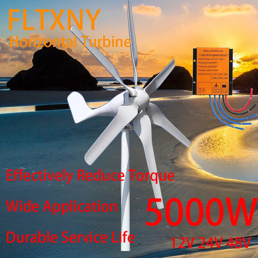 5000W 12V 24V 48V 6 Blades Horizontal Wind Turbine Generator Windmill With MPPT Charger Controller