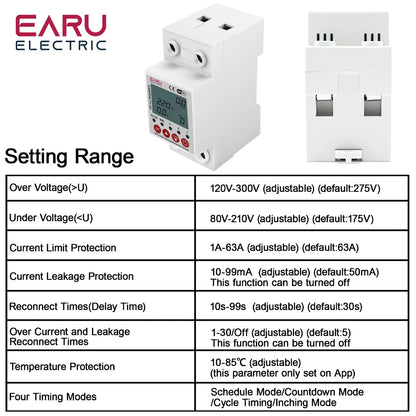 2P 63A TUYA APP WiFi Smart Circuit Earth Leakage Over Under Voltage Protector Relay Device Switch Breaker Energy Power kWh Meter