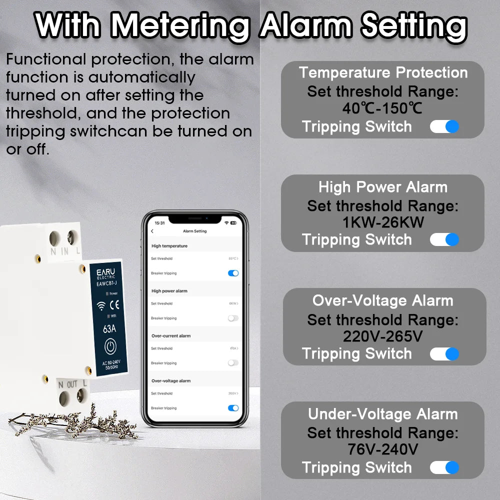 Tuya MCB WiFi Smart Circuit Breaker 1P+N 6-63A Time Relay Energy kWh Voltage Current Meter Protector Voice Remote Control Switch