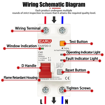 2P AC230V AFCI Arc Fault Protector Device RCBO MCB Circuit Breaker Interrupted Overload Earth Leakage Short Circuit Protection