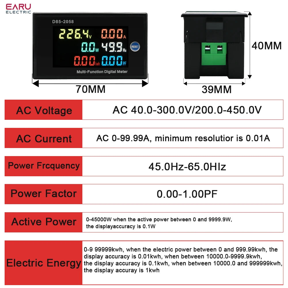 D85-2058 Single-Phase Household Digital LCD AC Panel Meter Intelligent Voltage Current Frequency Power Monitor