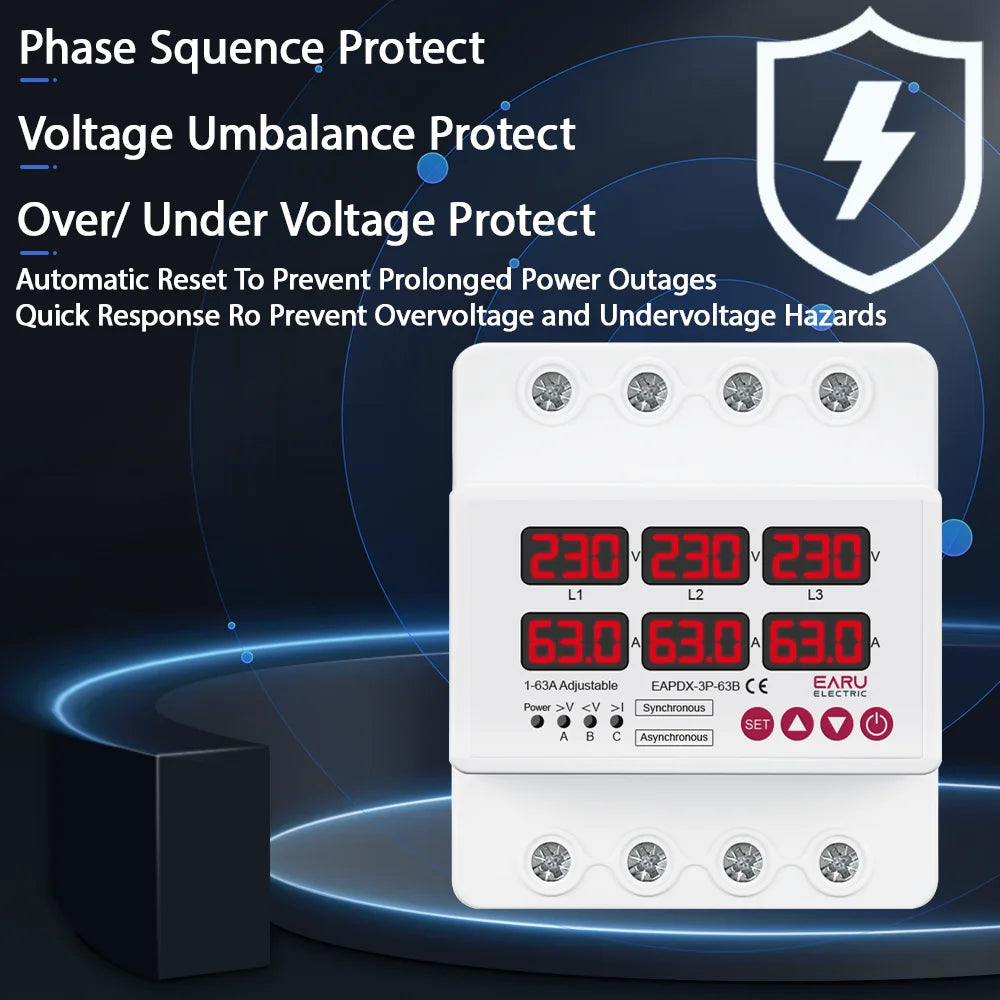 Three Phase Voltage Current Adjustable Over Under Voltage Current Limit Protection Relay Protector 63A 100A with Automatic Reset