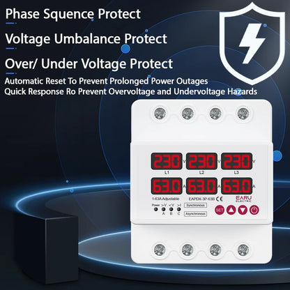 Three Phase Voltage Current Adjustable Over Under Voltage Current Limit Protection Relay Protector 63A 100A with Automatic Reset