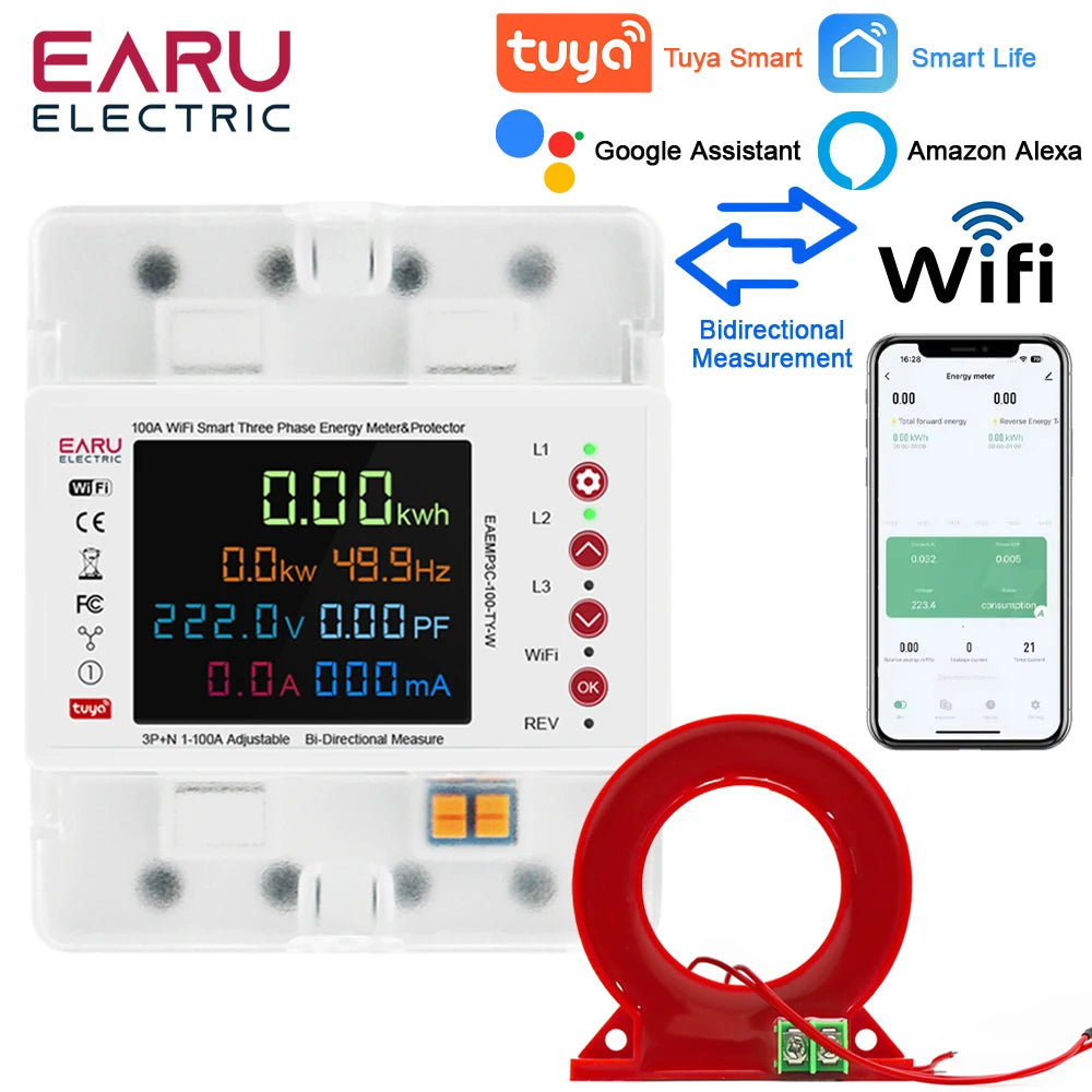 Three Phase Tuya WiFi Smart Bidirectional Energy Power kWh Meter Leakage Over Under Voltage Protector Relay Switch Current Limit