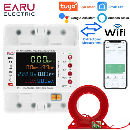 Three Phase Tuya WiFi Smart Bidirectional Energy Power kWh Meter Leakage Over Under Voltage Protector Relay Switch Current Limit