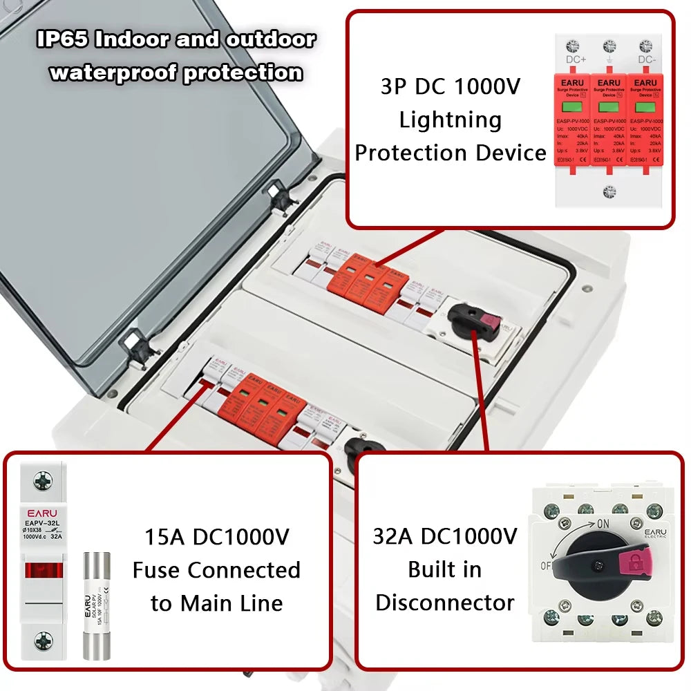 DC 1000V 4 Input 2 Output Solar Photovoltaic PV Combiner Box With Surge Lightning Protection DC Fuse MCB SPD Waterproof Box IP65