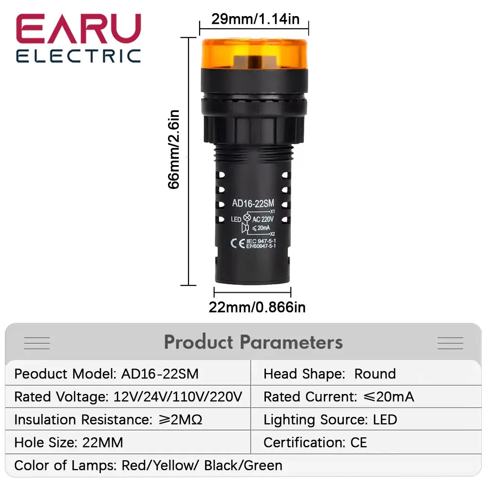 AD16-22SM 22mm Panel Diameter AC DC 12V 24V 110V 220V Flash Signal Light Red LED Active Buzzer Beep Alarm Indicator Green Yellow