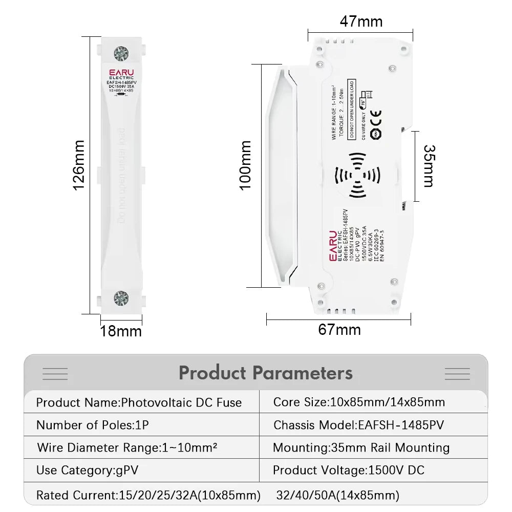 Din Rail Solar Fuses DC 1000V 1500V PV Photovoltaic 20A 25A 30A Fuse Holder Base for Solar System Short Circuit Protection gPV