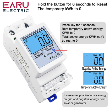 Multifunction 230V 100A Bi-Directional Energy Meter Reset Zero Kwh Solar PV Power Voltage Current Frequency RS485 Communication