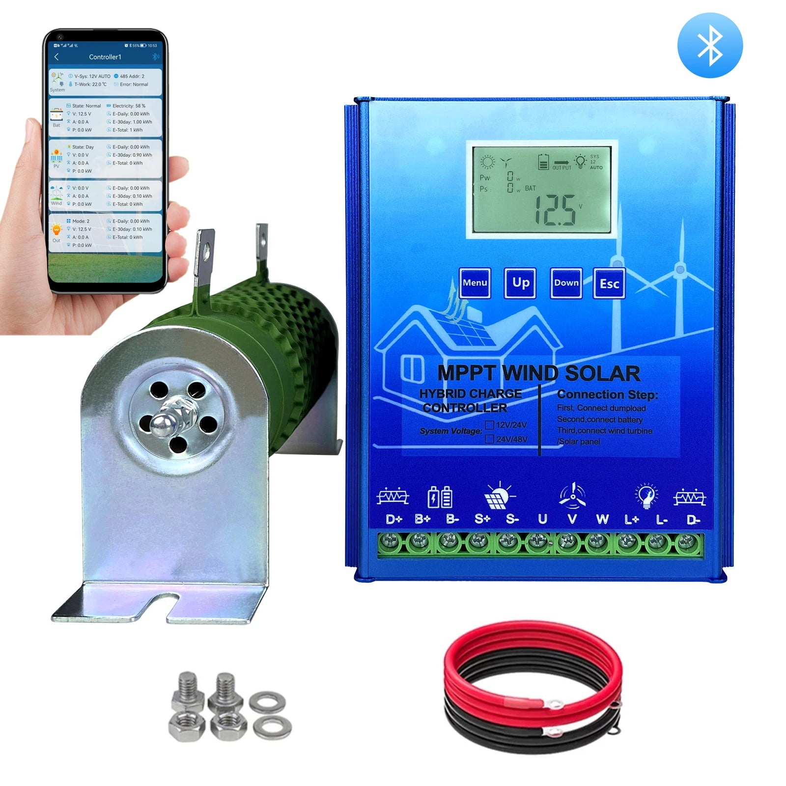 12V 24V 48V 2000W MPPT Hybrid Wind Solar Charge Controller With LCD Display And Bluetooth For Lifepo4 Batteries by 54 Energy - Renewable Energy Store