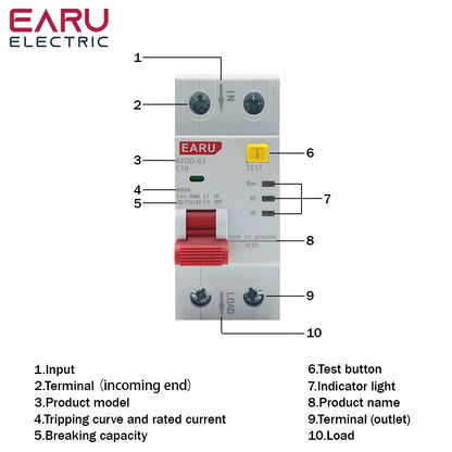 2P 220V AFDD 63 AFCI Arc Fault Protector Device RCBD Circuit Breaker Interrupted Overload Earth Leakage Short Circuit Protection