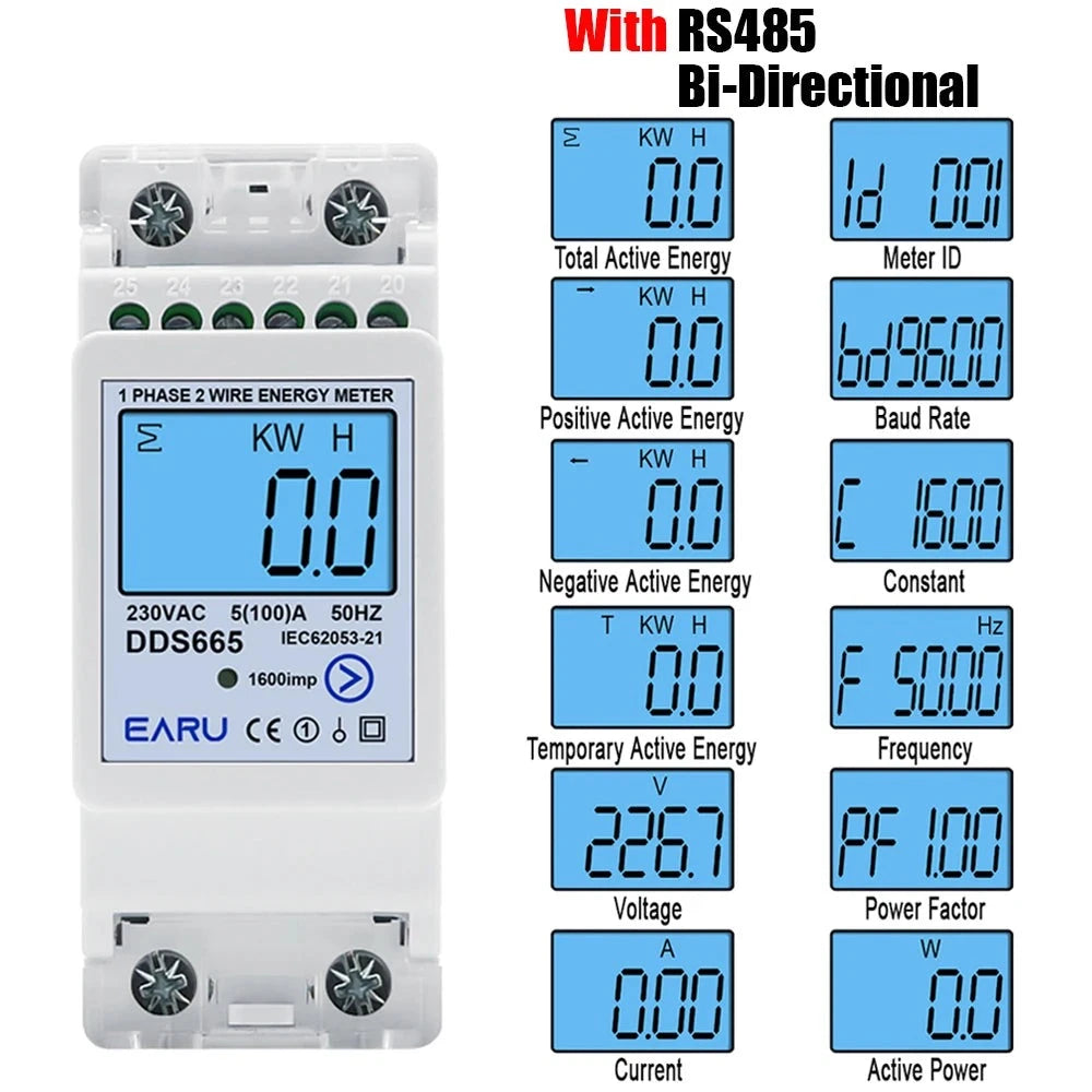 Multifunction 230V 100A Bi-Directional Energy Meter Reset Zero Kwh Solar PV Power Voltage Current Frequency RS485 Communication