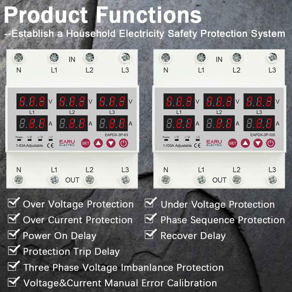 Three Phase Voltage Current Adjustable Over Under Voltage Current Limit Protection Relay Protector 3*220V 380V 63A 100A Din Rail