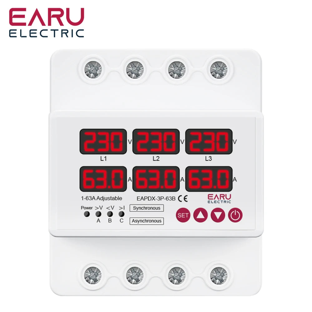 Three Phase Voltage Current Adjustable Over Under Voltage Current Limit Protection Relay Protector 63A 100A with Automatic Reset