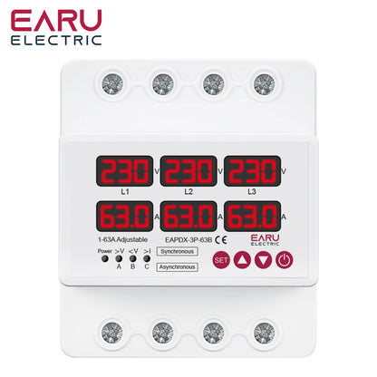 Three Phase Voltage Current Adjustable Over Under Voltage Current Limit Protection Relay Protector 63A 100A with Automatic Reset