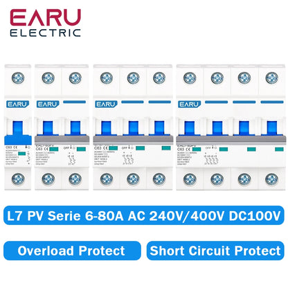 1P 2P 3P 4P DC 1000V AC 240V 400V MCB Solar PV Circuit Breaker Overload Protection Short Circuit Protection Switch Photovoltaic