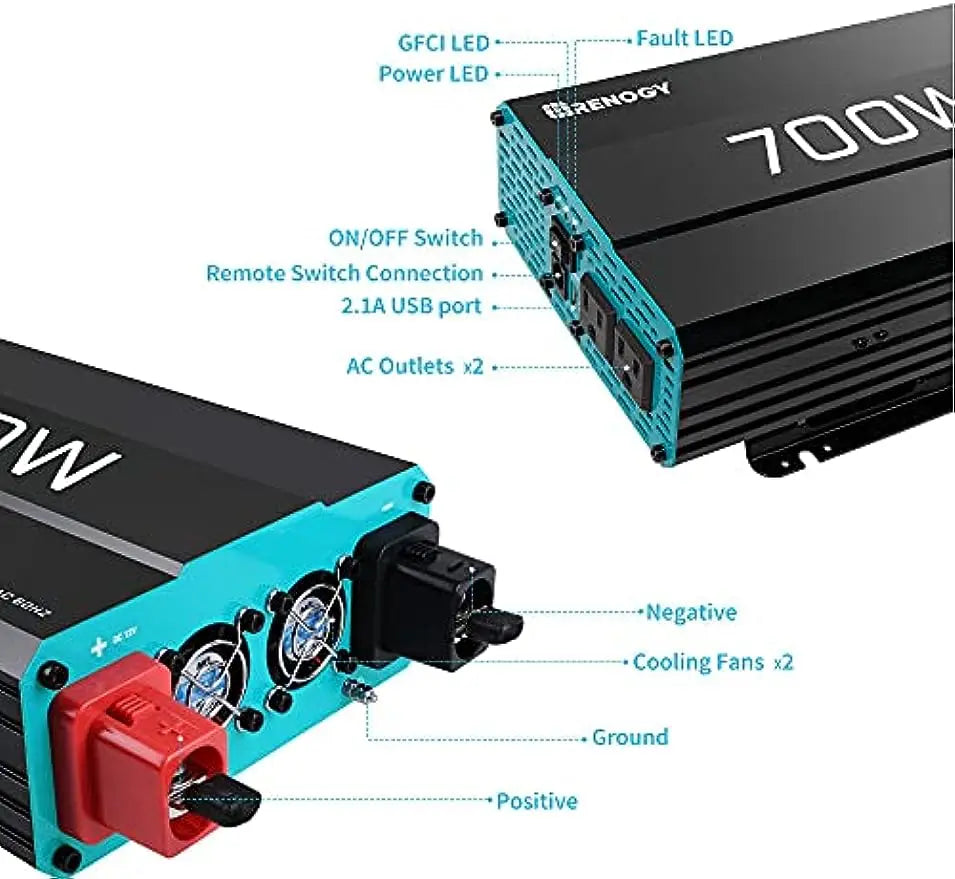 700W Pure Sine Wave Inverter 12V DC to 120V AC Converter for Home