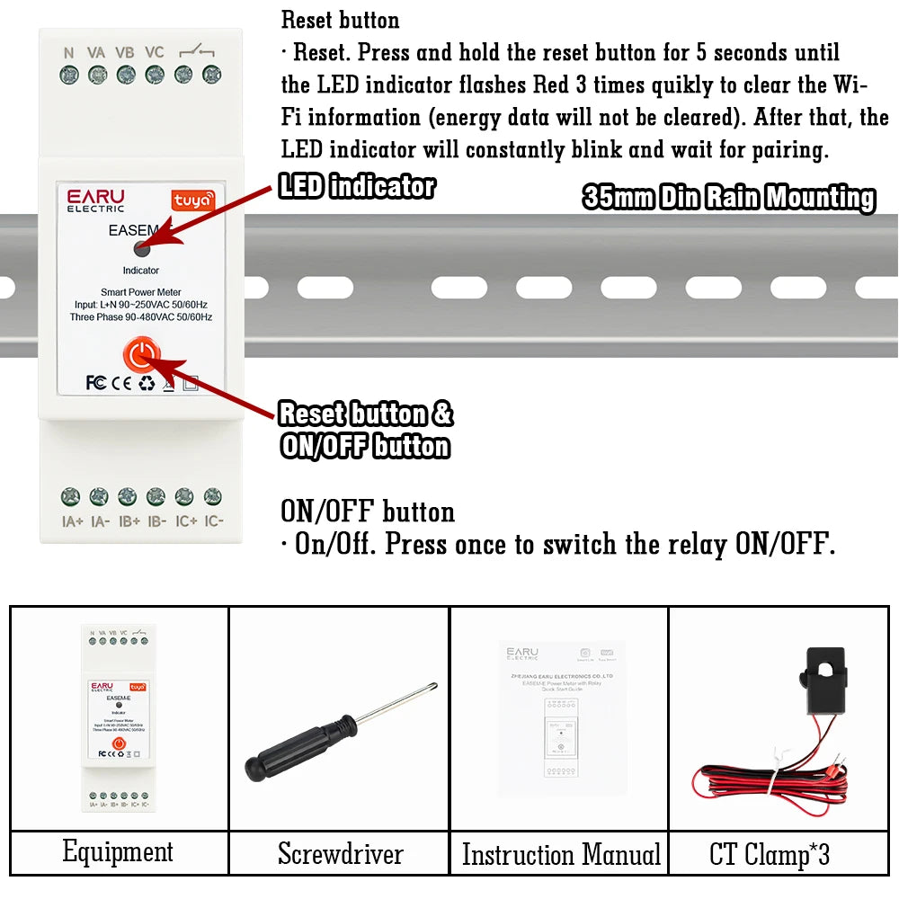 Tuya Smart WiFi Three Phase 80A AC90-480V Bi-Directional Measurement Power Energy kWh Meter Monitor 3Pcs CT Clamps Switch Relay