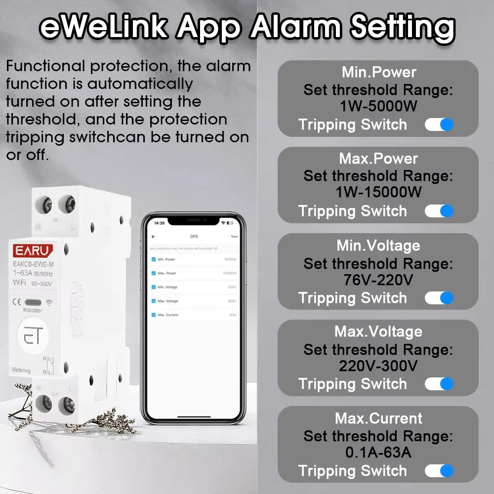 Tuya eWeLink WiFi Smart Circuit Breaker 1P+N 63A MCB Time Relay Switch Energy Meter kWh Voltage Current Protector Remote Control