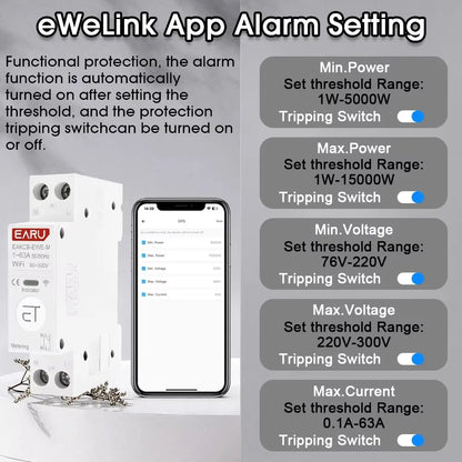 Tuya eWeLink WiFi Smart Circuit Breaker 1P+N 63A MCB Time Relay Switch Energy Meter kWh Voltage Current Protector Remote Control