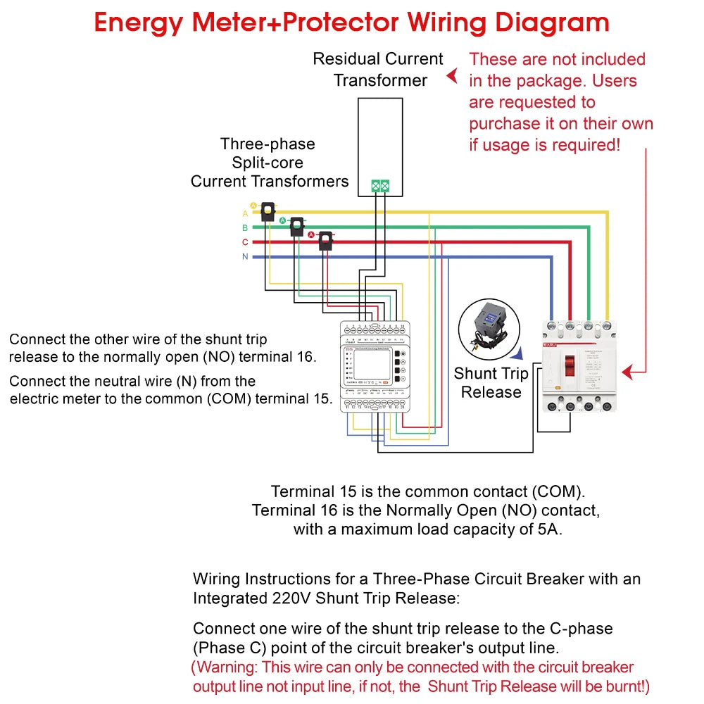 Three Phase Tuya WiFi Smart Bi-Directional Energy Meter with 3 CT Clamps Leakage Over Under Voltage Protector Relay Switch Limit
