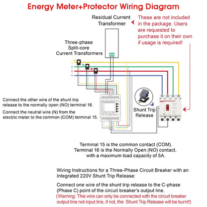 Three Phase Tuya WiFi Smart Bi-Directional Energy Meter with 3 CT Clamps Leakage Over Under Voltage Protector Relay Switch Limit