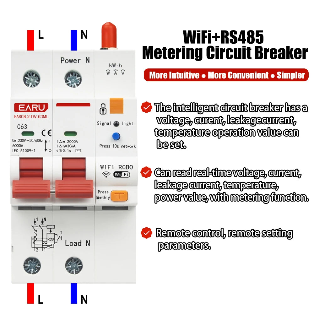 Tuya WiFi Smart RS485 Metering Leakage Circuit Breaker MCB RCBO AC230V Remote Control Circuit Breaker With Leakage Protection