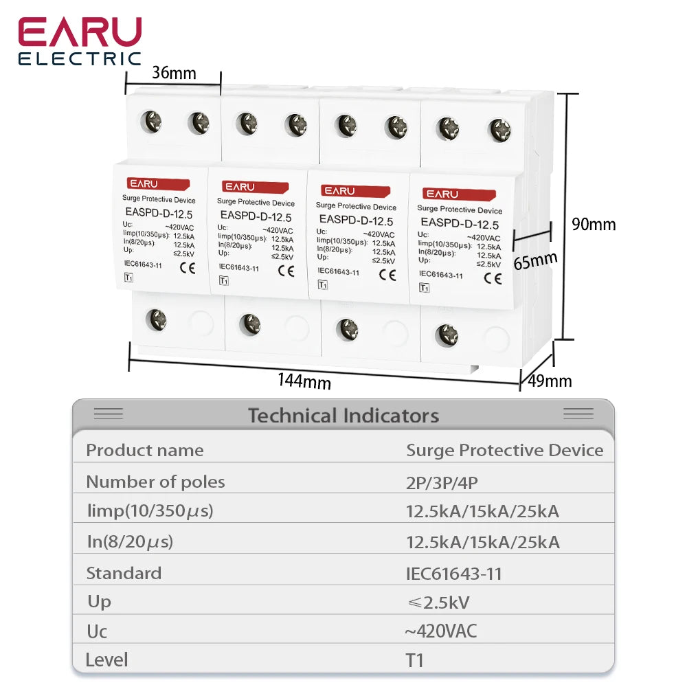 T1 Power Surge Protective Device SPD Arrester Low Voltage House 2P 3P 4P Surge Voltage Protection AC 420V 12.5KA 15KA 25KA