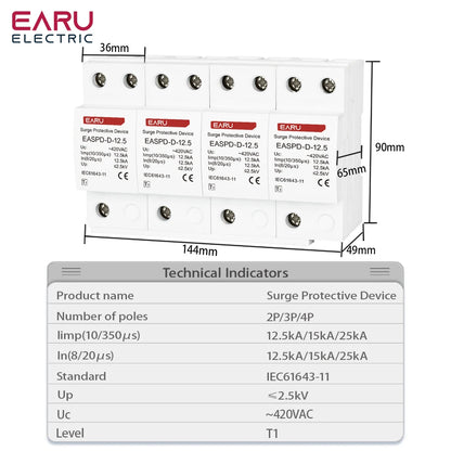 T1 Power Surge Protective Device SPD Arrester Low Voltage House 2P 3P 4P Surge Voltage Protection AC 420V 12.5KA 15KA 25KA